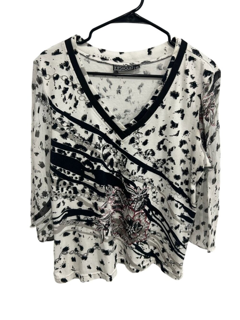 Fashque Large Black White Abstract Floral V-Neck Long Sleeve Top Boho Minimalist
